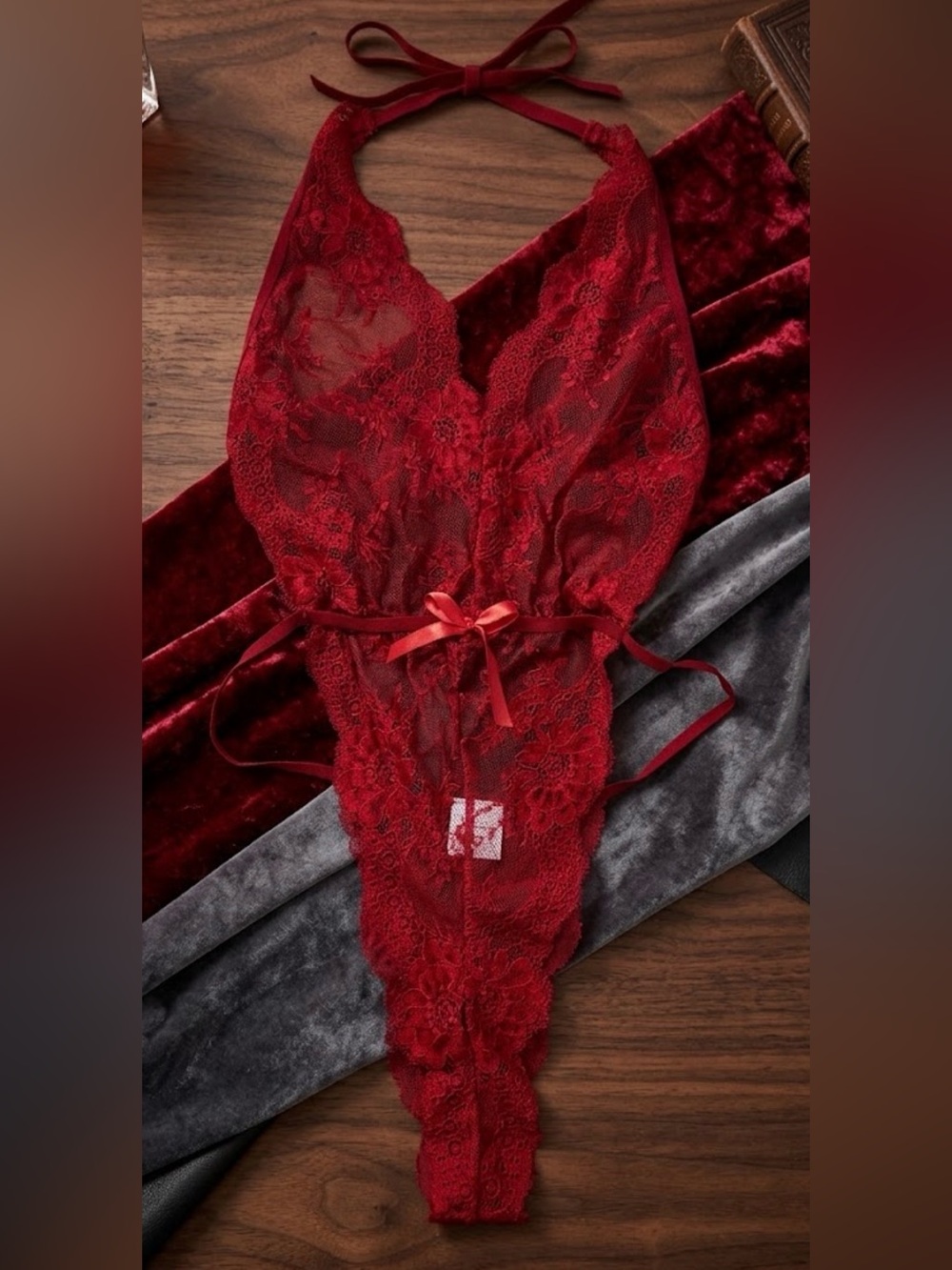 Dark Red Lace Halter Bodysuit Lingerie Teddy Cutout Bow Accent